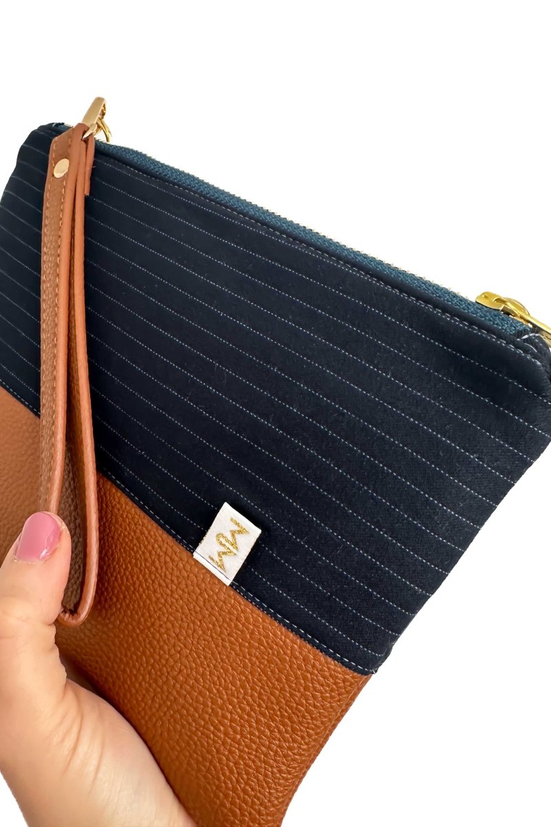 Vintage Navy Pinstripe Convertible Crossbody Wristlet+ with Compartments - Modern Makerie